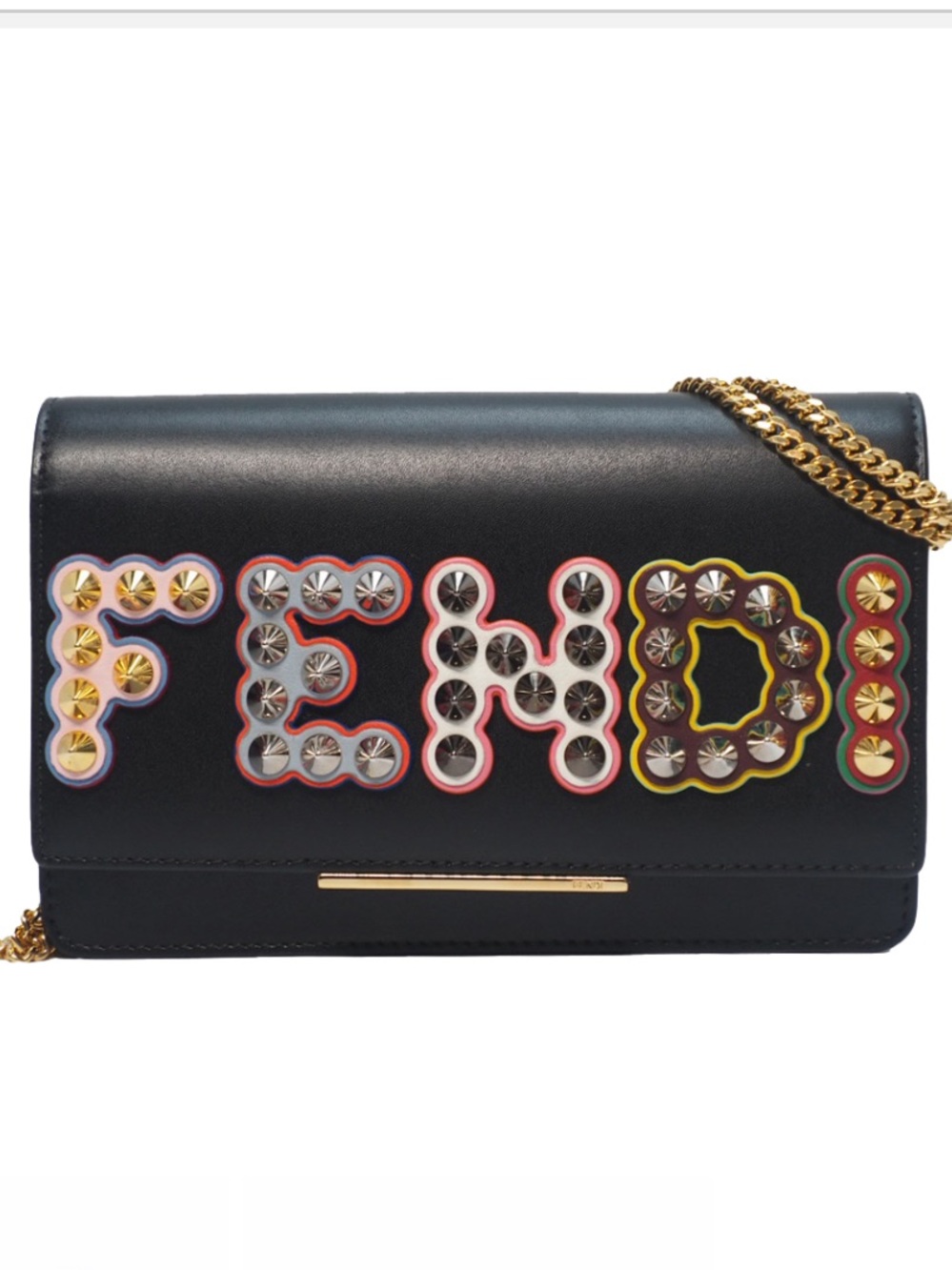 Fendi Black Leather Shoulder Bag with Multicolor Studded 'FENDI' Applique
